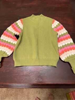 THML Olive Green Turtleneck Sweater with Pink, Orange & Cream Crochet Sleeves
